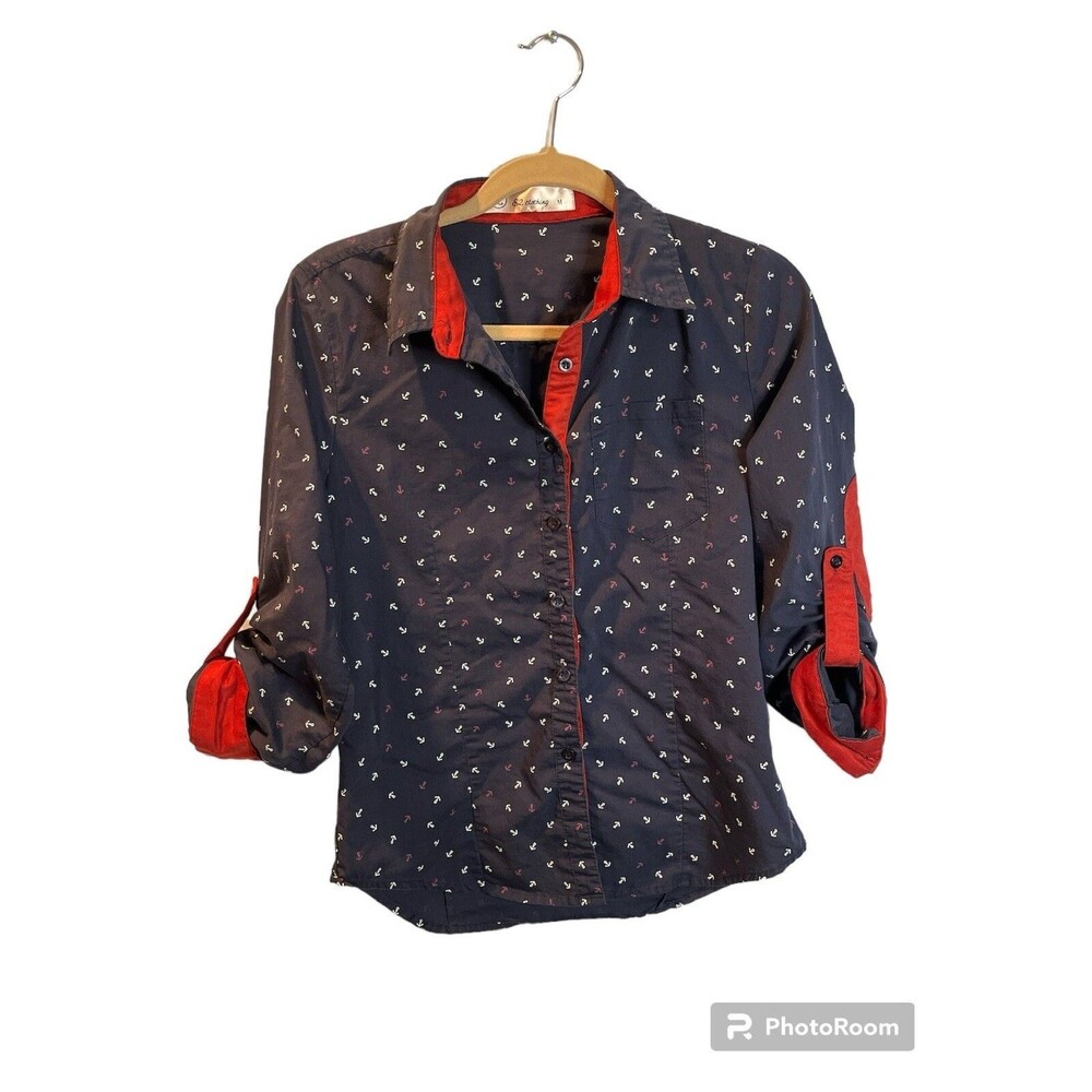 E2 Men’s Medium Navy Blue Casual Button-Up Shirt Nautical Anchors Elbow Patches